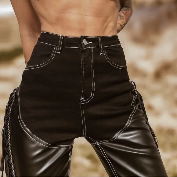 Western cowgirl chaps jeans, fringe denim, festival fringe pants - Picture 2 of 10